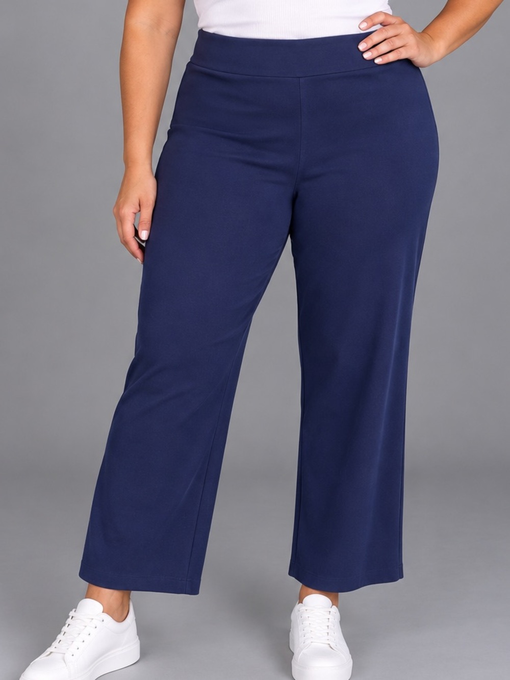 Roz & Ali Navy Wide-Leg Knit Pull-On Pants